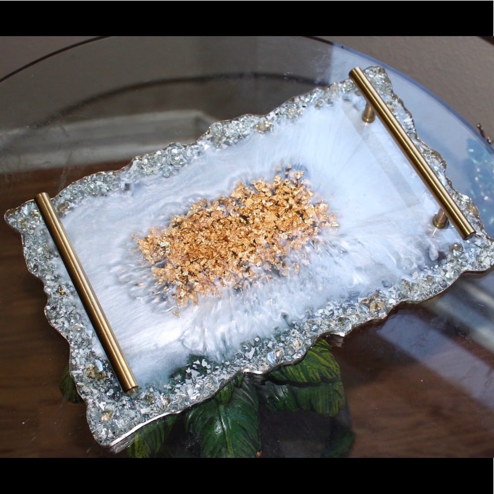 Handmade White Resin Tray With Handles Gold Flakes And Glass